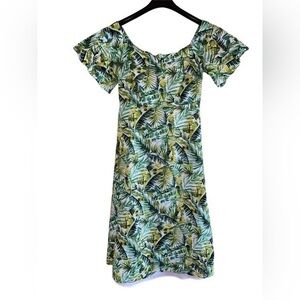 Clover and Sloane Hawaiian Tropical Palm‎ Off the Shoulder Dress Medium Resort